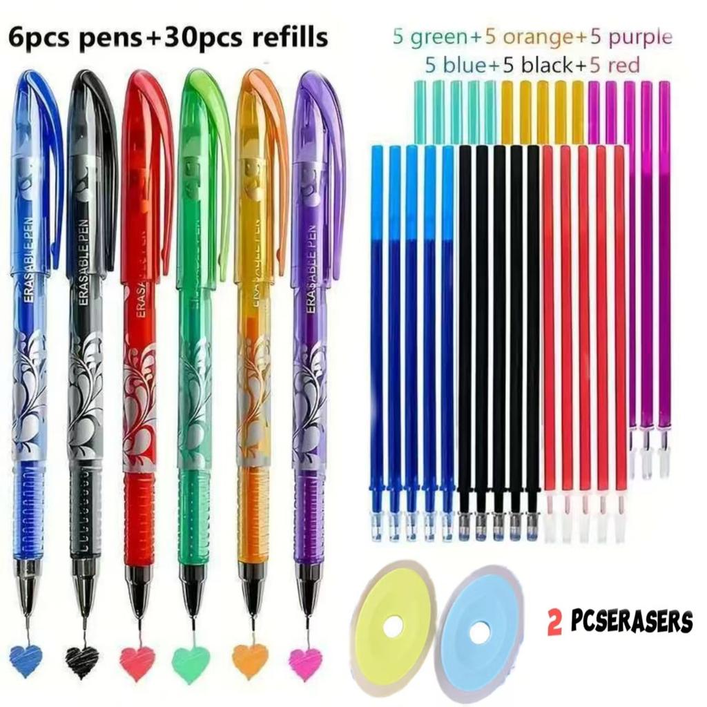 Set 6 Penne Gel Cancellabili 0,5 Mm Con 30 Ricariche - Colori Nero, Blu, Rosso, Verde, Arancione, Viola, Kawaii