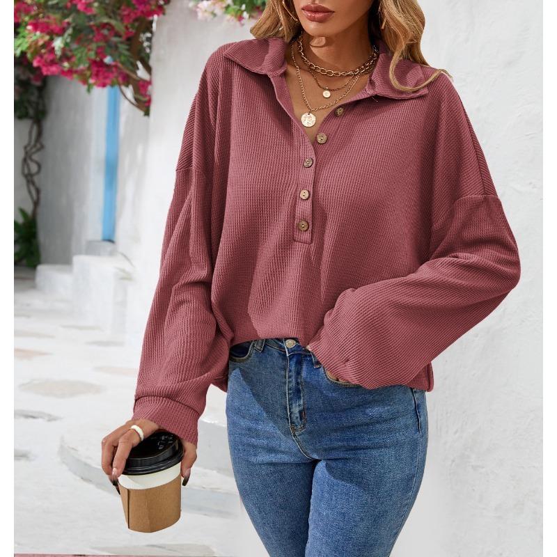 Plus Size Women's New Autumn Lapel Button Solid Color Long Sleeved Top