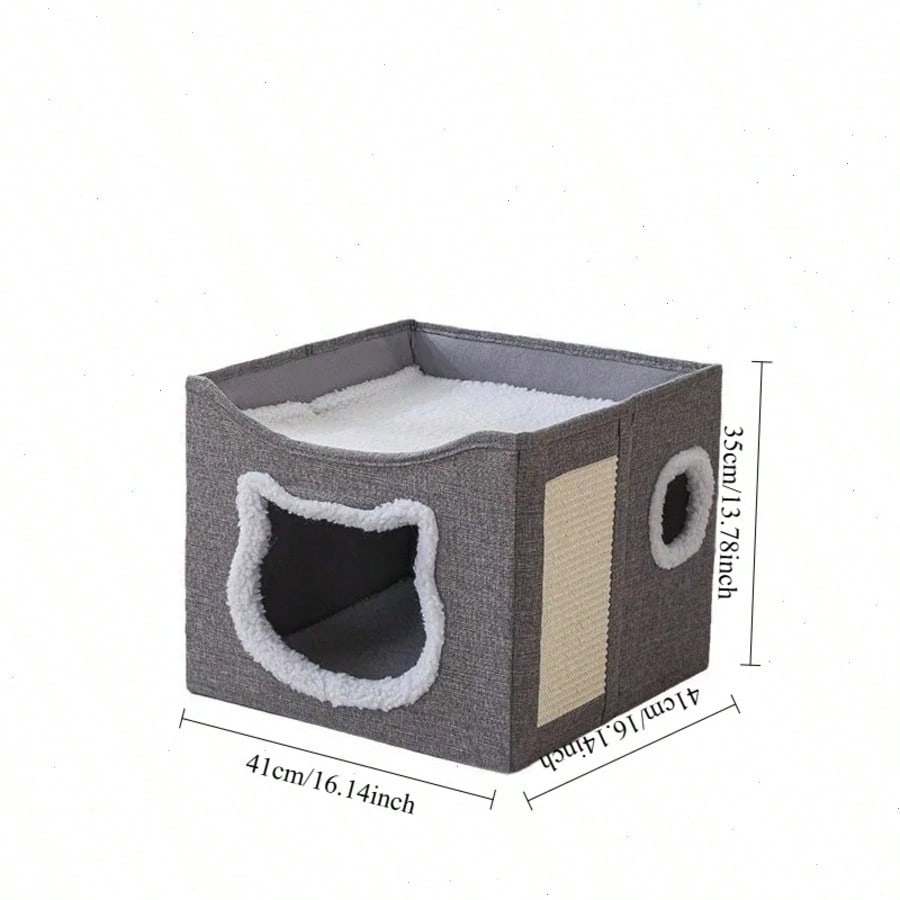 4-Season Multi-Level Cat House: Foldable Indoor Play Cube with 2-Layer Bed, Toy Tunnel, Scratching Board,