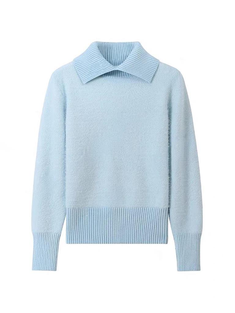 Women's Faux Mink Fur Knit Sweater: Soft, Fluffy Long Sleeve Lapel Pullover with Waist-cinching, Perfect for Autumn and Winter Commutes.