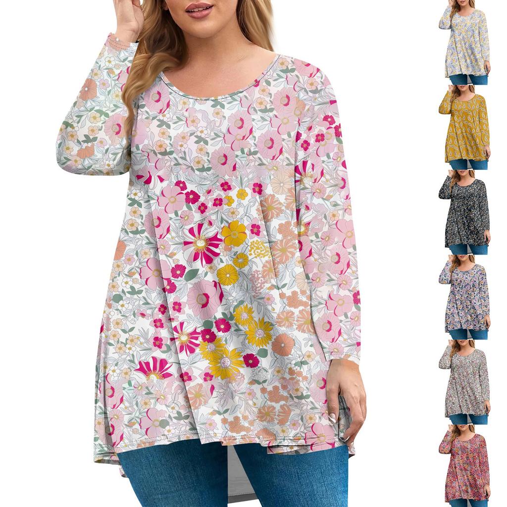 Women's Plus Size Top, Garden Collar Long Sleeved Shirt, Fashionable Floral Print Casual Top
