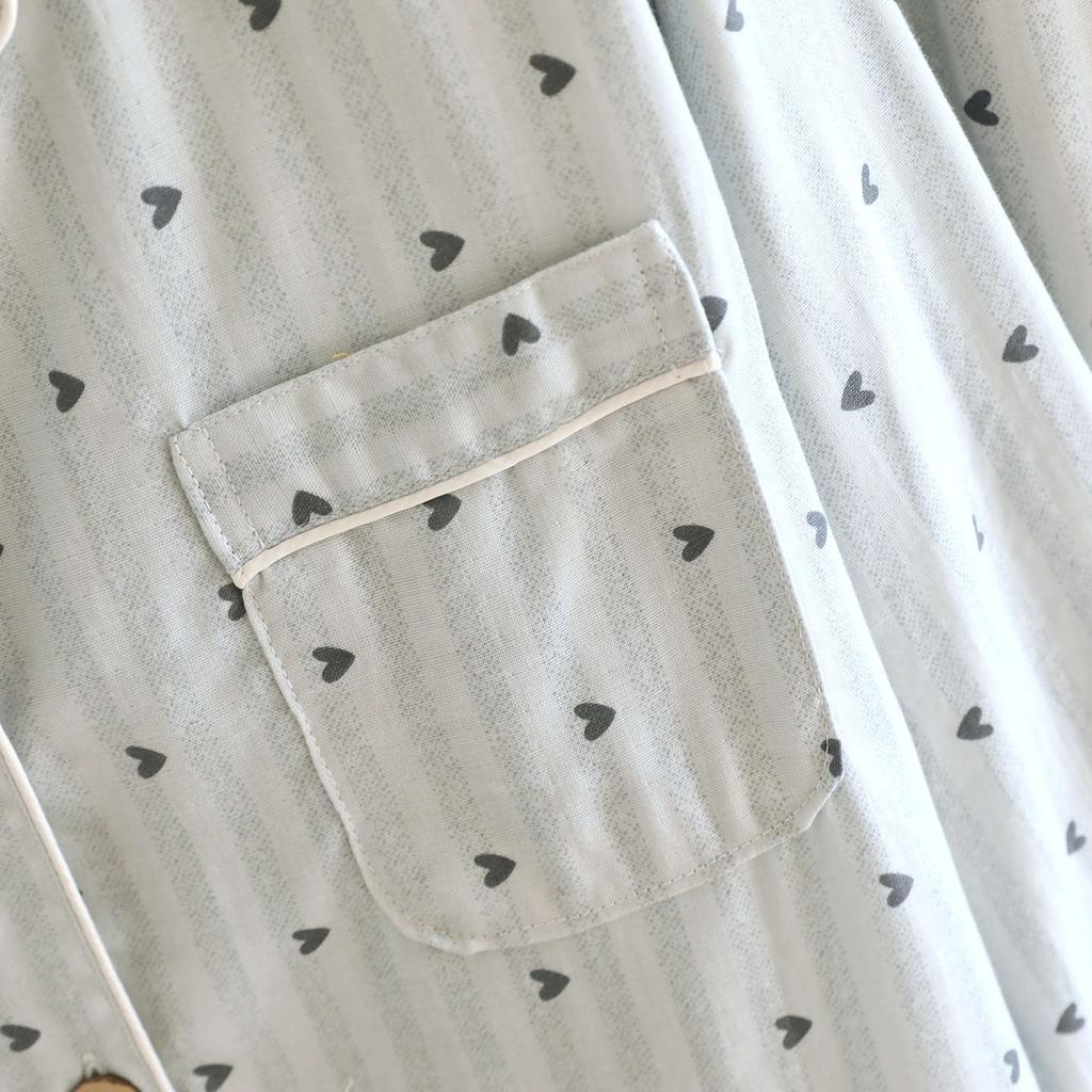 2026 Spring and Autumn Women's Pajama Set 100% Cotton Gauze Vertical Strip Love Long Sleeve Two piece Home Clothing Set
