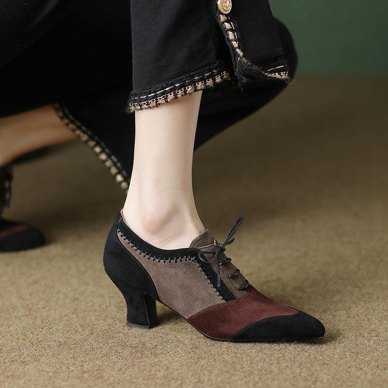 Fashion 2025 New Spring Autumn Retro Mature Women Pumps Office Ladies High-heeled Lace-Up Genuine Leather Suede Shoes Woman High Quality