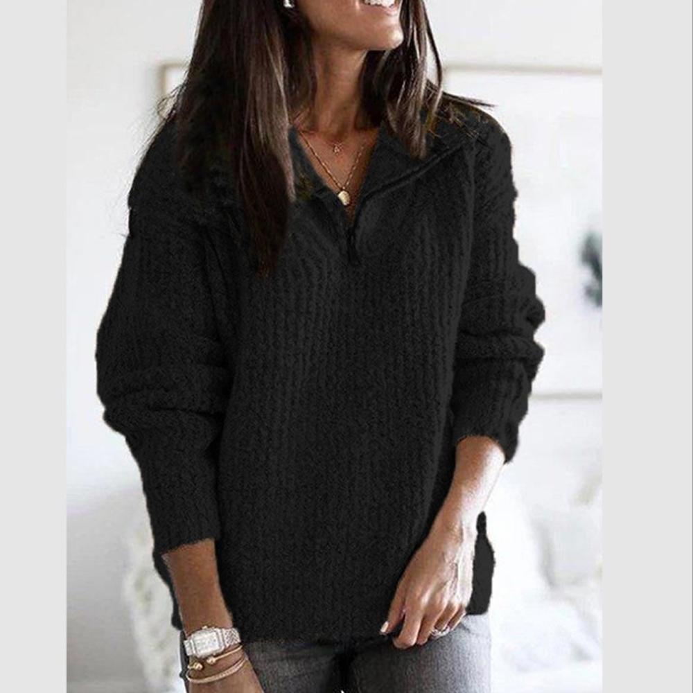 Herbst Winter Damen Langarm Umlegekragen Reißverschluss Strickpullover Pullover Mäntel