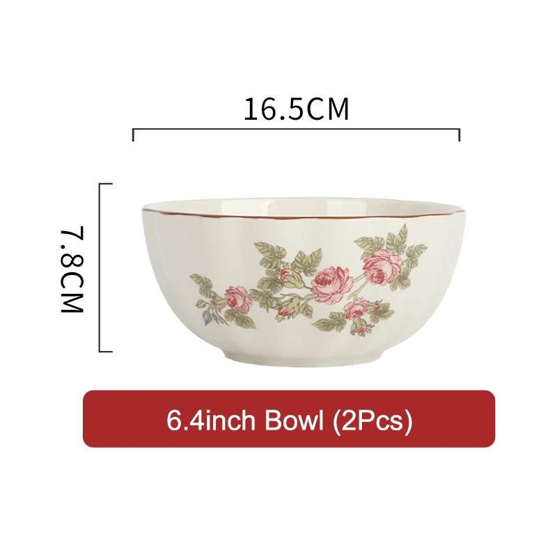 SOLECASA European Style Retro Ceramic Tableware Rose Pattern Bowl Plates Dessert Dish Spaghetti Plate Fruit Salad Bowl household