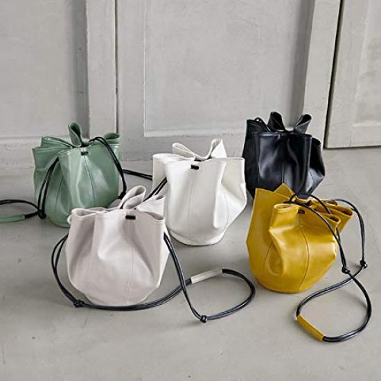 Kobe Lettuce Faux Leather Round Drawstring Bag [B1324] Women's One Size Ivory