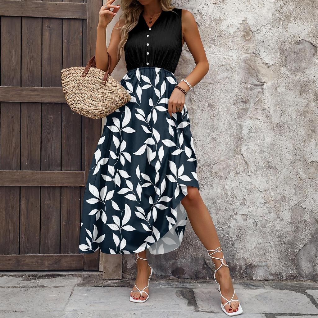 Dámské ležérní a módní šaty střední délky bez rukávů s potiskem a výstřihem do V