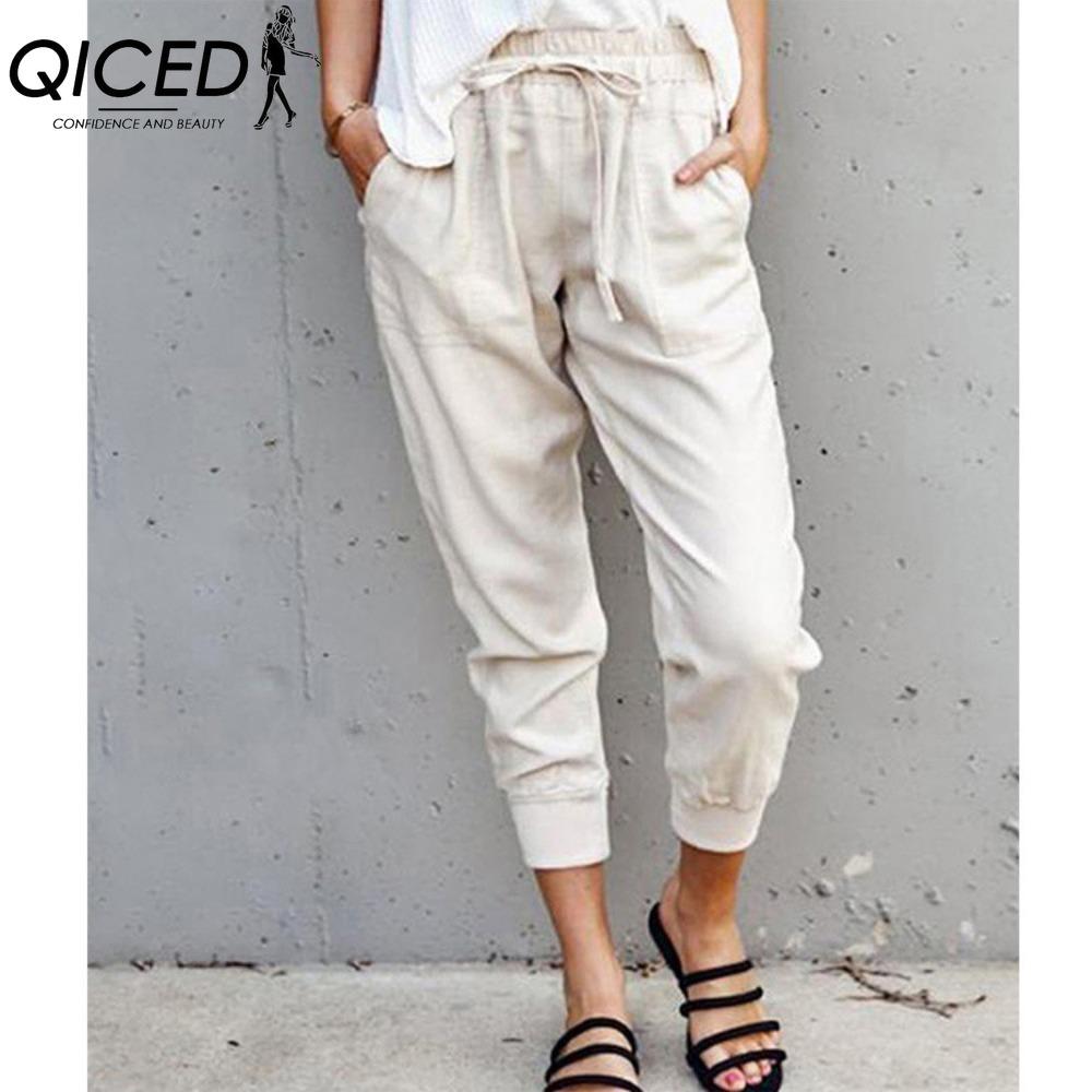 QICED Summer Women Loose Plus Size Solid Color Simple Lace Up Slim Casual Nine Point Slimming Trousers