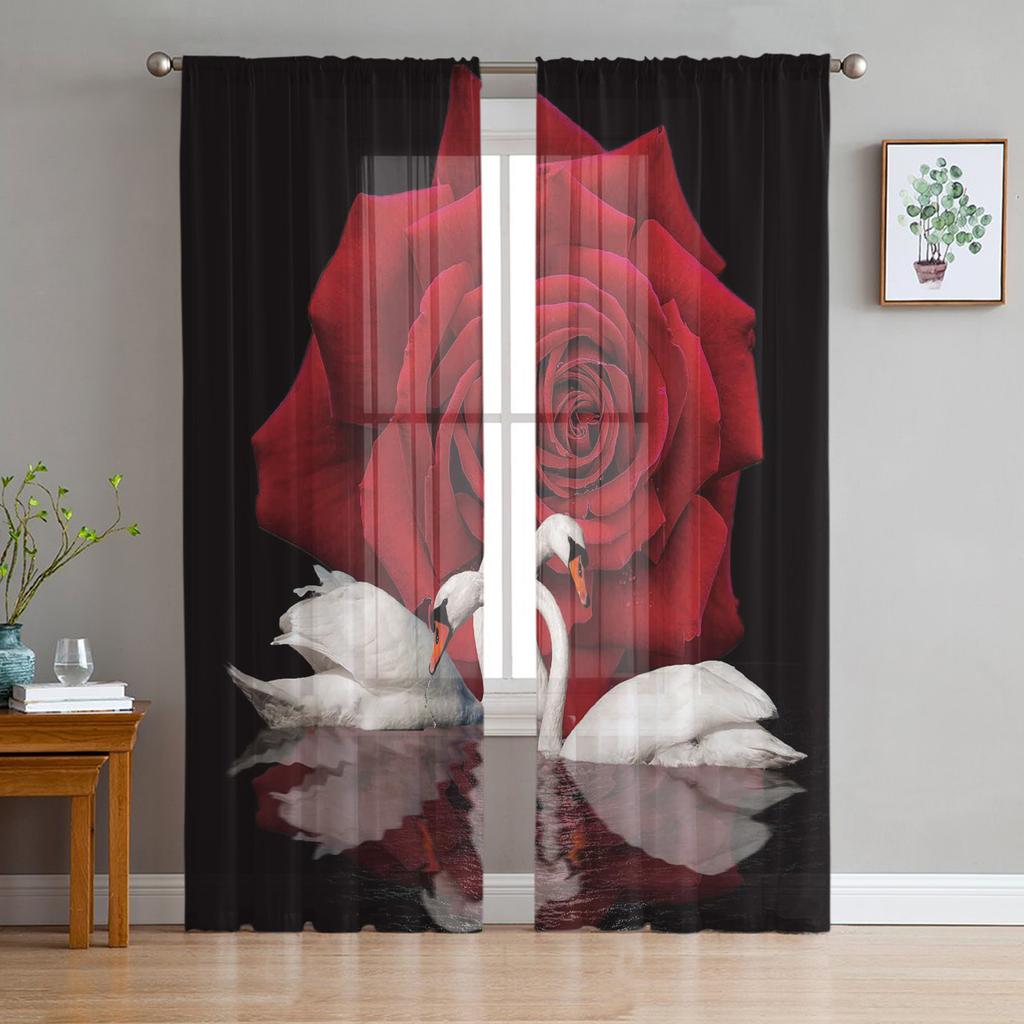 Bamboo Swan Pillar Water Surface Stone Curtains Tulle For Living Room Bedroom Kitchen Chiffon Sheer Window Treatment Decorations