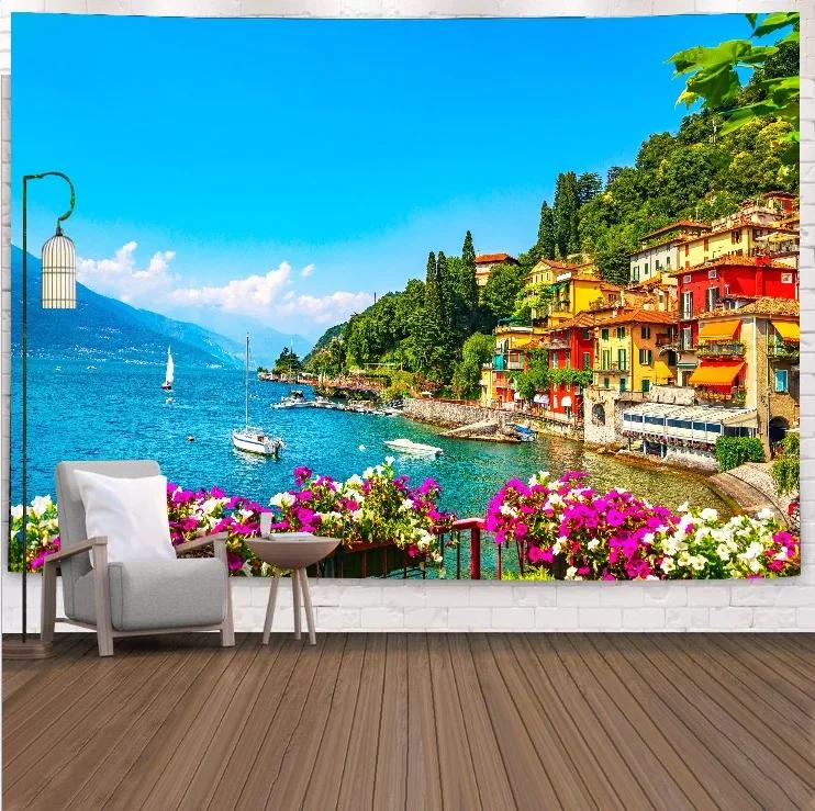 VIKAMA Tropical Beach Landscape Tapestry Summer Coconut Grove Waves Fresh Vacation Style Living Room Room Decoration