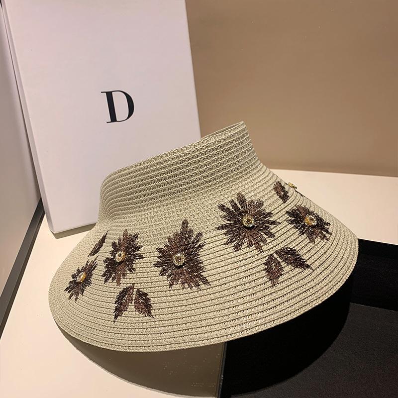Fashionable Straw Visor Hat With Rhinestone Embroidery Foldable Sun Protection Beach Cap Versatile Shopping Summer Hat