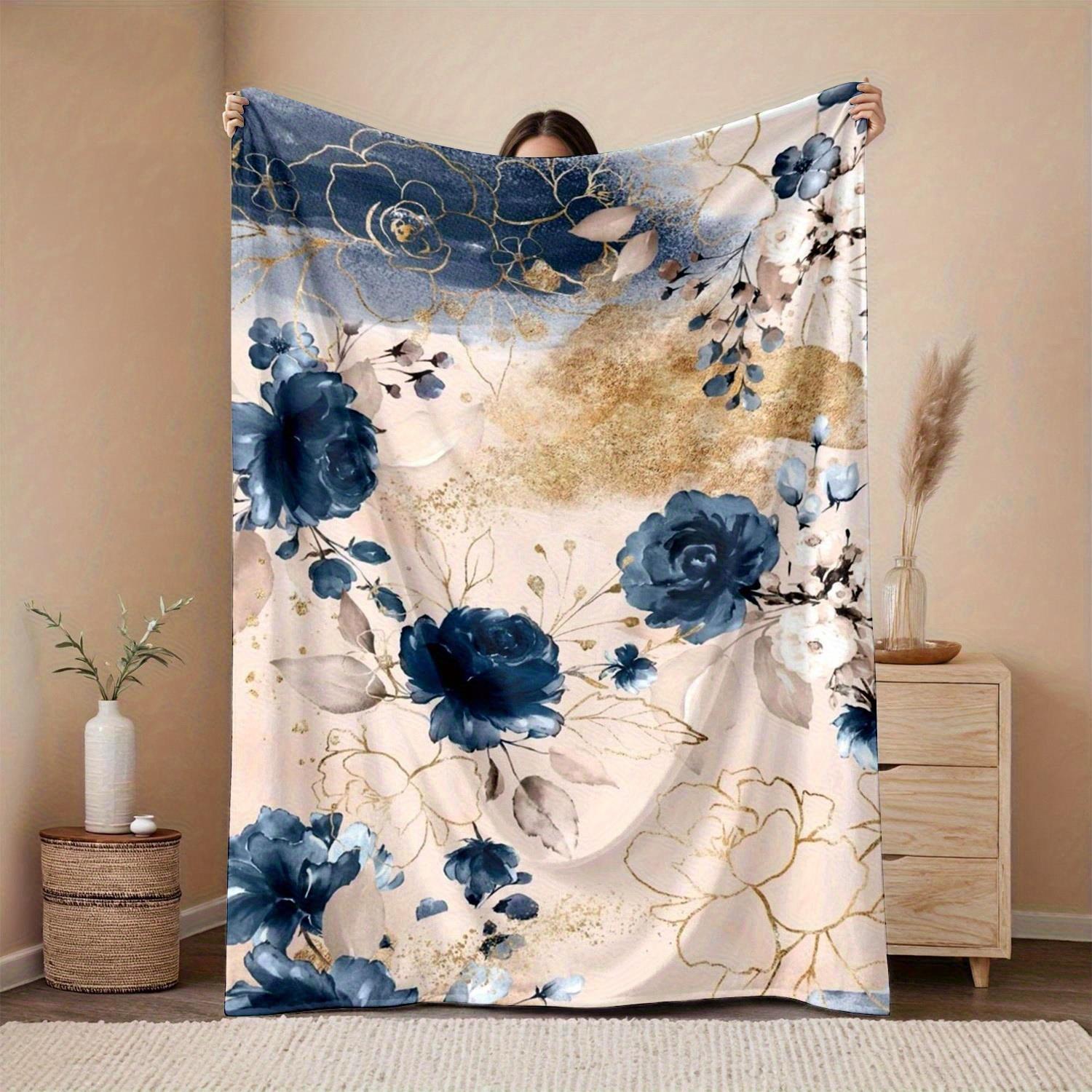 

1pc blue floral pattern blanket polyester fabric machine washable suitable for bedroom living room decoration 75x100cm