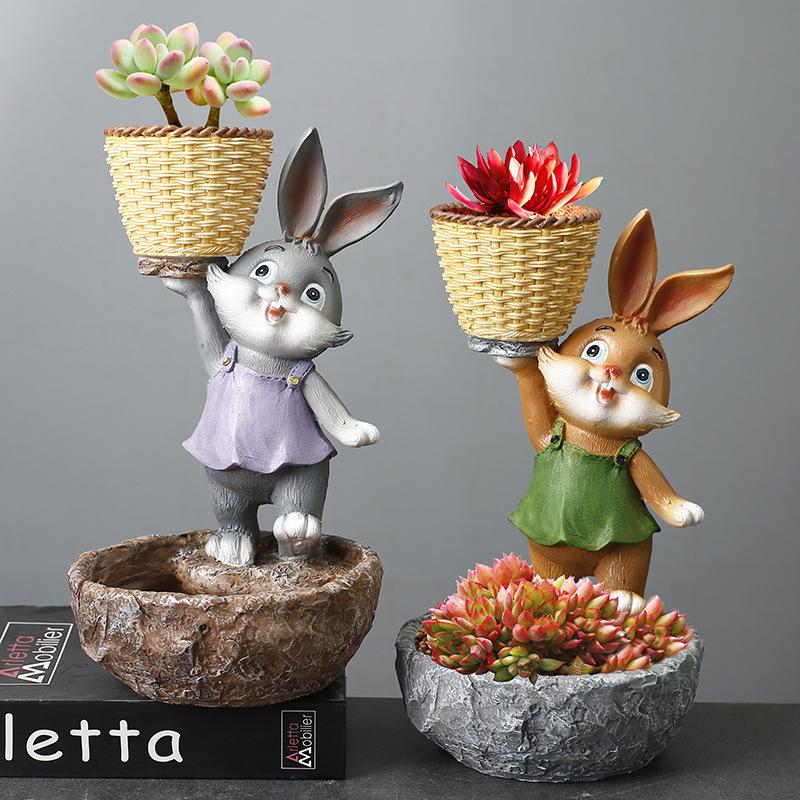 Resin Cartoon Animal Simulation Rabbit Succulent Green Plant Flower Pot Ornament Courtyard Outdoor Garden Ornament