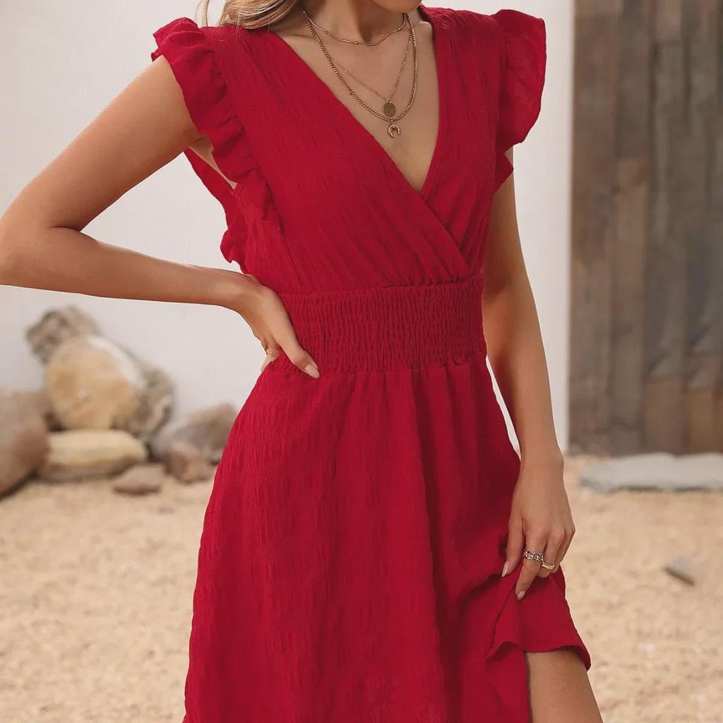 2024 Summer V-Neck Dress with Wood Ear Sleeves