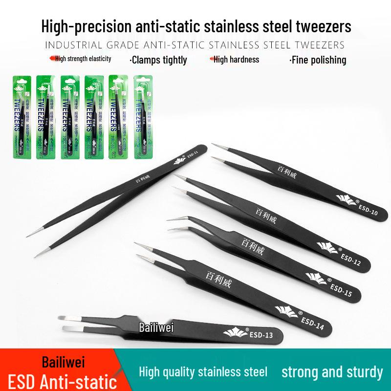 Bailiwei Stainless Steel Antistatic Tweezers Set for Nail Art, Eyelash, and Hair Removal - Includes Curved and Round Tips