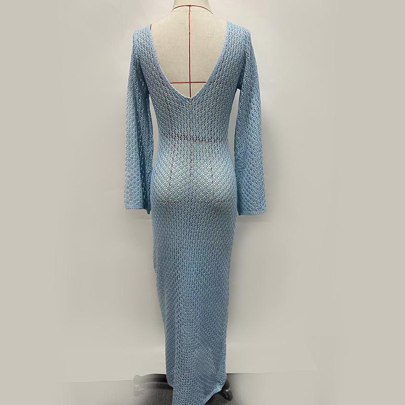 European & American Autumn/Winter Sexy Backless Knitted Long Dress Beach Cover-up