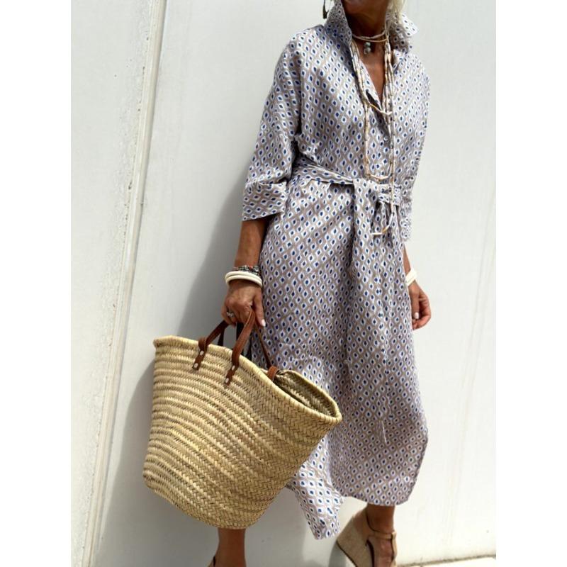 Wish Autumn Five-quarter Sleeve Striped Split Shirt Dress Women