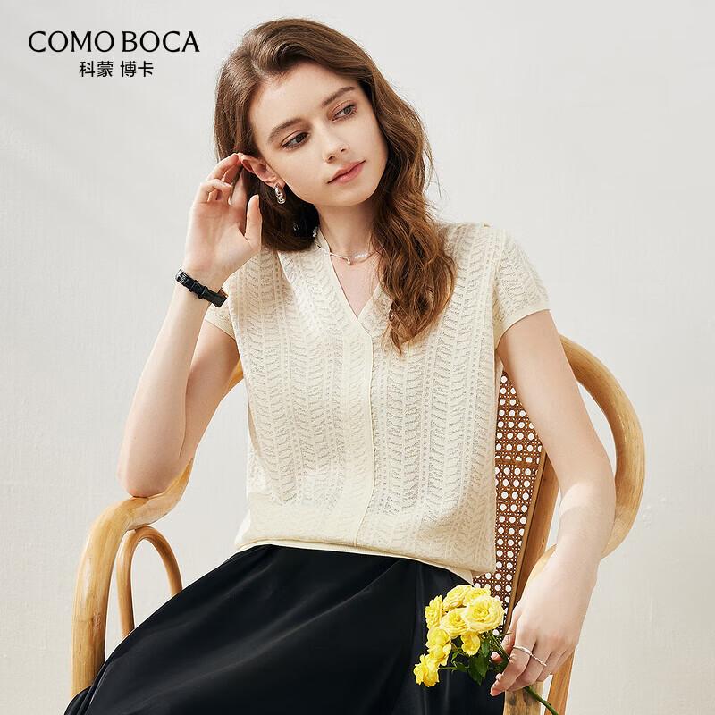 Komonboka Women s V-Neck Short Sleeve Floral Jacquard Knit Top XL