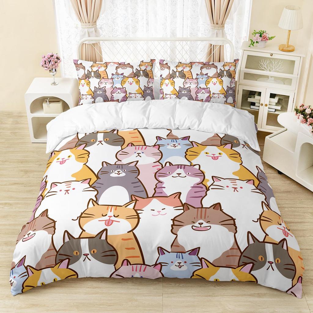 Cartoon Cat Duvet Cover Set Full Size Cute Cat Bedding Sets For Kids Girls Blue Watercolor Cat Comforter Covers Set All Season