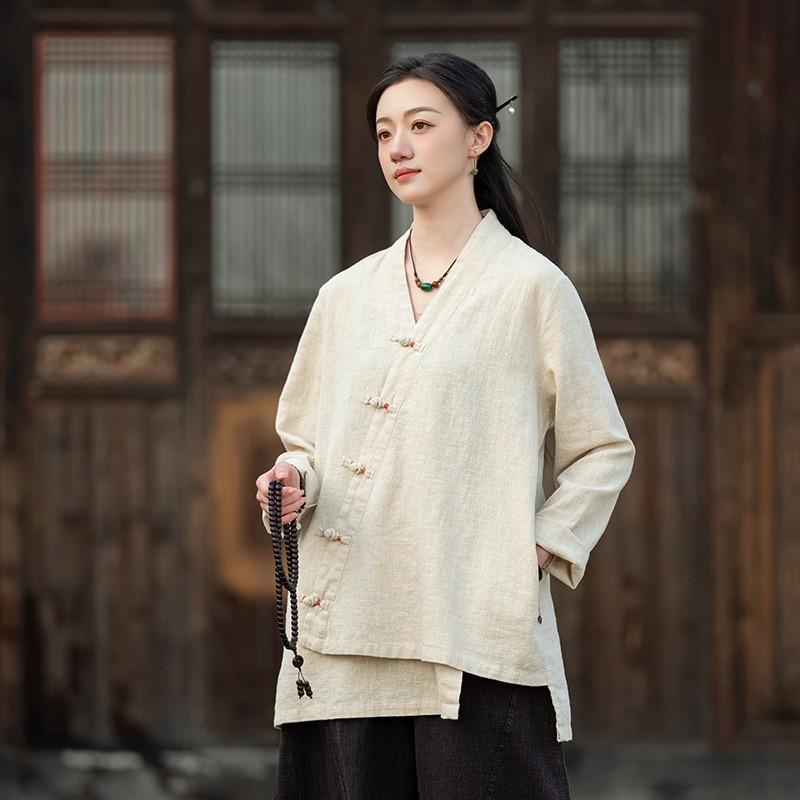 Johnature Women Vintage Shirts Tops V-Neck Long Sleeve Spring Blouses Solid Color Loose Spring Shirts
