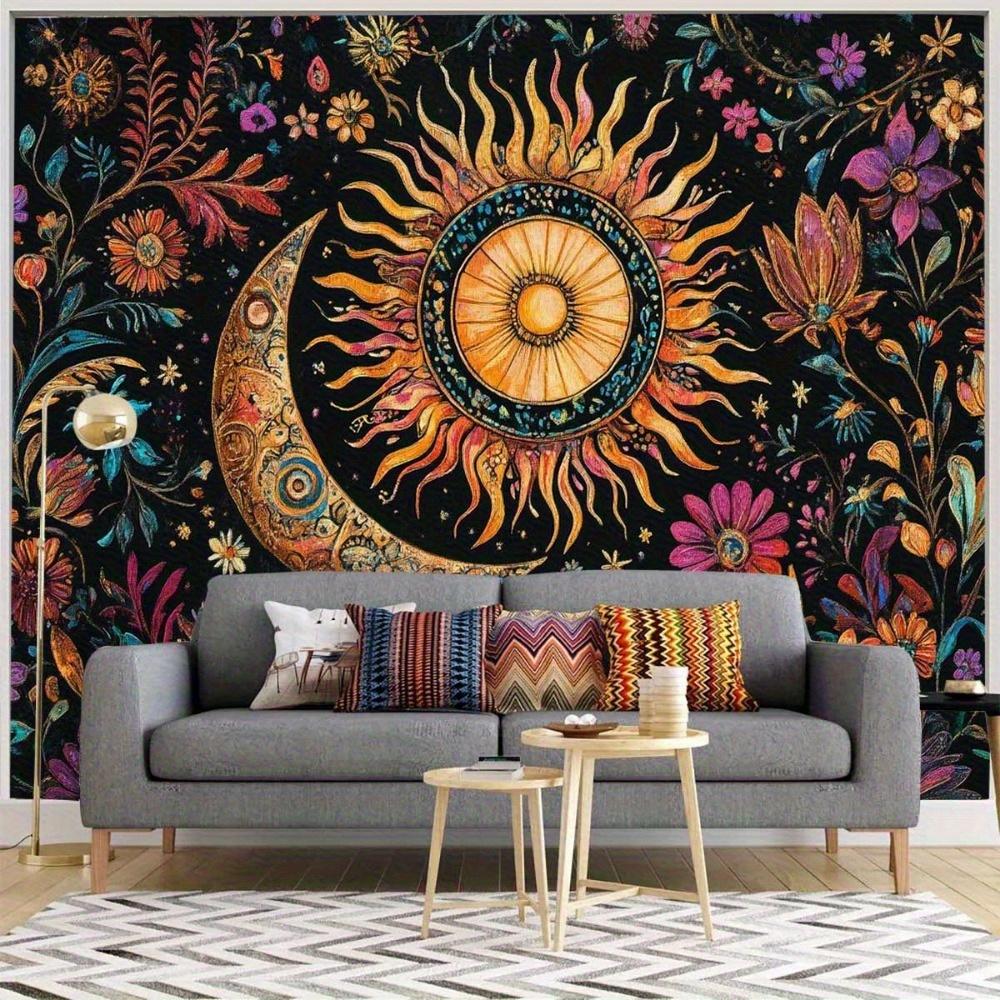 1pc Bohemian Tarot Sun and Moon Tapestry Wall Hanging-Vibrant Starry Floral Pattern Polyester, for Living Room and Bedroom Decor
