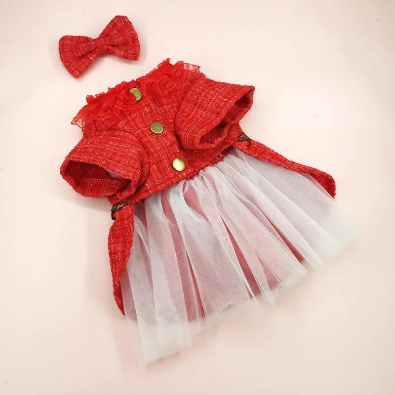 Pet Clothing Red Christmas Dress Pet Coat Skirt Double-layer Gauze Skirt Windbreaker Cat Bow Tie Clothes Dog Clothes Designer