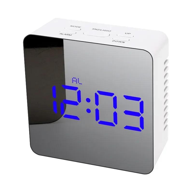 Snooze Mirror Digital Alarm Clock LED Night Lights Thermometer Wall Clocks Lamp Square Rectangle Multi-function Table Watch USB