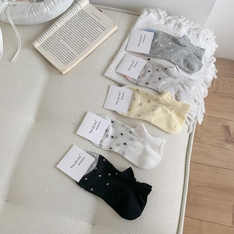 Shallow-mouthed Invisible Socks for Women In Summer, Thin Mesh Breathable Boat Socks, Polka Dot Color-matched Cotton Short Socks, Boneless