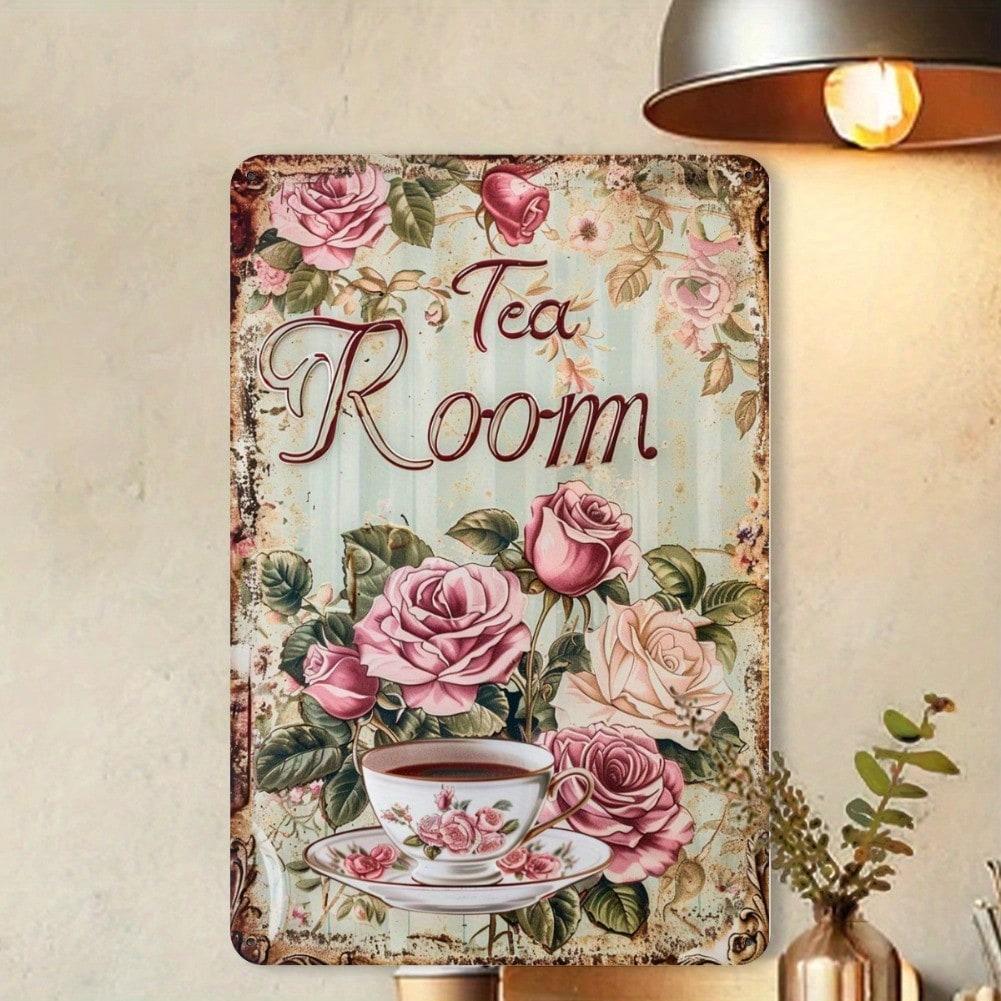Vintage Rose Teacup Iron Tin Wall Art 8x12 Inch Flower Metal Sign for Cafe Home Garden Decor