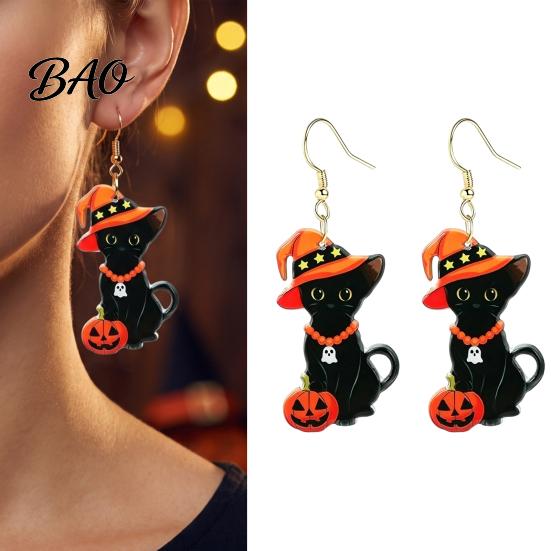 Whimsical Fall Theme Ear Hooks 1 Pair Halloween Black Cat Acrylic Earrings for Women, Cute Durable Vivid Print Pendant Jewelry with Wizard Hat