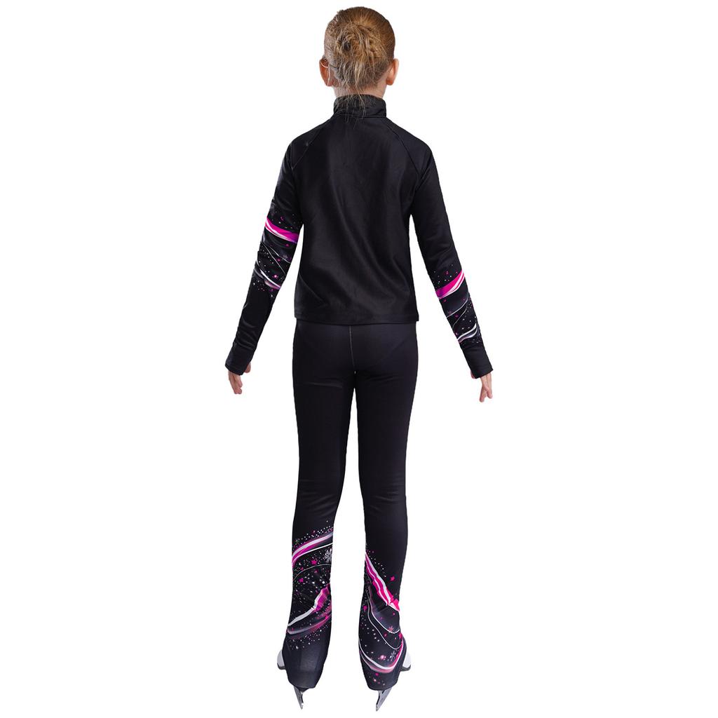 Girls Figure Skating Costume Long Sleeve Printed Sweatshirt Jacket Leggings Gymnastics Dance Practice