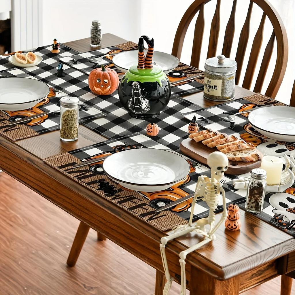 1PC Halloween Linen Meal Mat with Grid Pattern Featuring Bats and Ghost Trucks Perfect for Kitchen Table Decoration