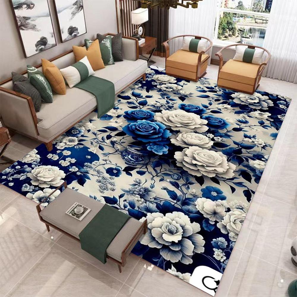 Blauw Wit Pioenroos Bloempatroon Woonkamer Kleed Antislip Groot Tapijt met Lichtblauwe Achtergrond voor Moderne Huisdecoratie Vloermat 40x60cm