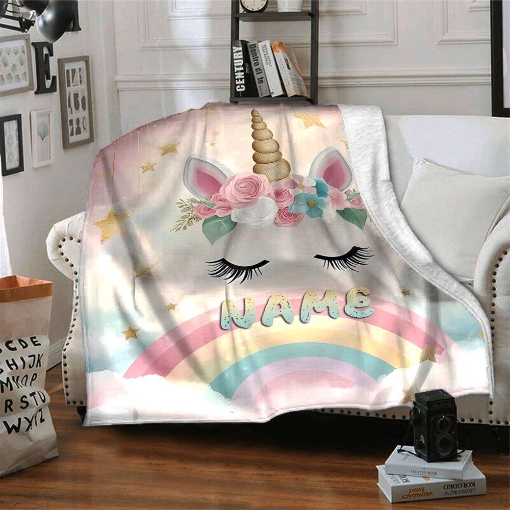 Unicorn With Floral Crown And Rainbow Backdrop Cozy Personalized Blanket Personalized Name Ultrasoft Great For Sofa Couch Office Bed Picnics Allseason