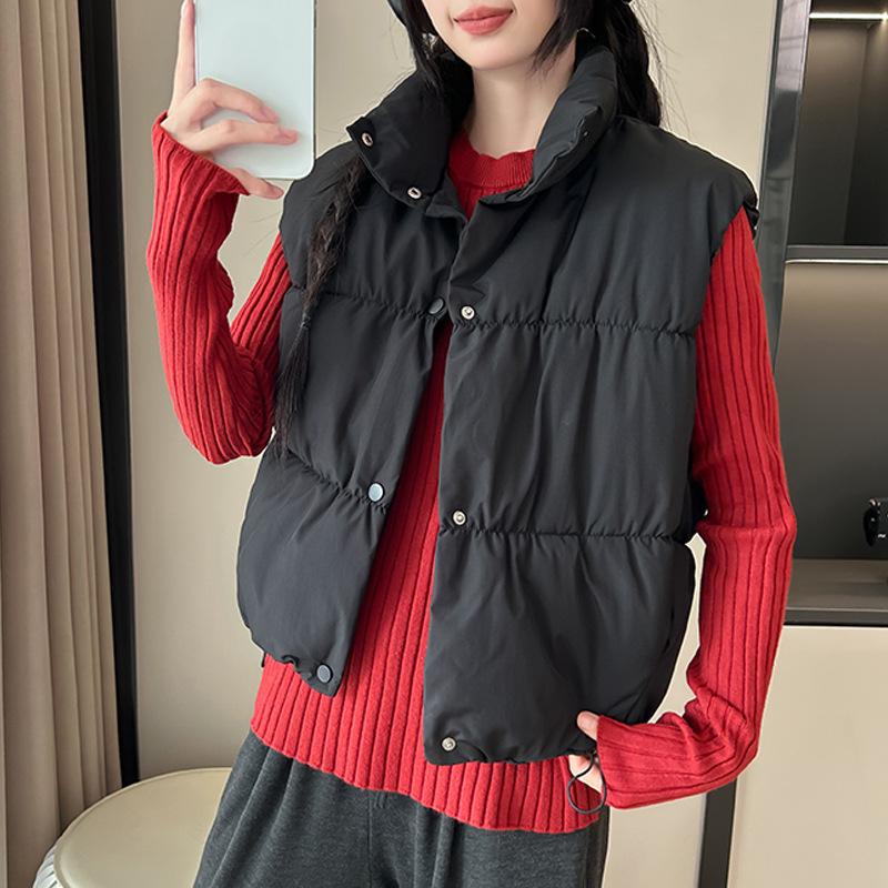 New women's lightweight sleeveless jacket stand-up collar solid color thickened warm sports and leisure loose lantern core cotton jacket