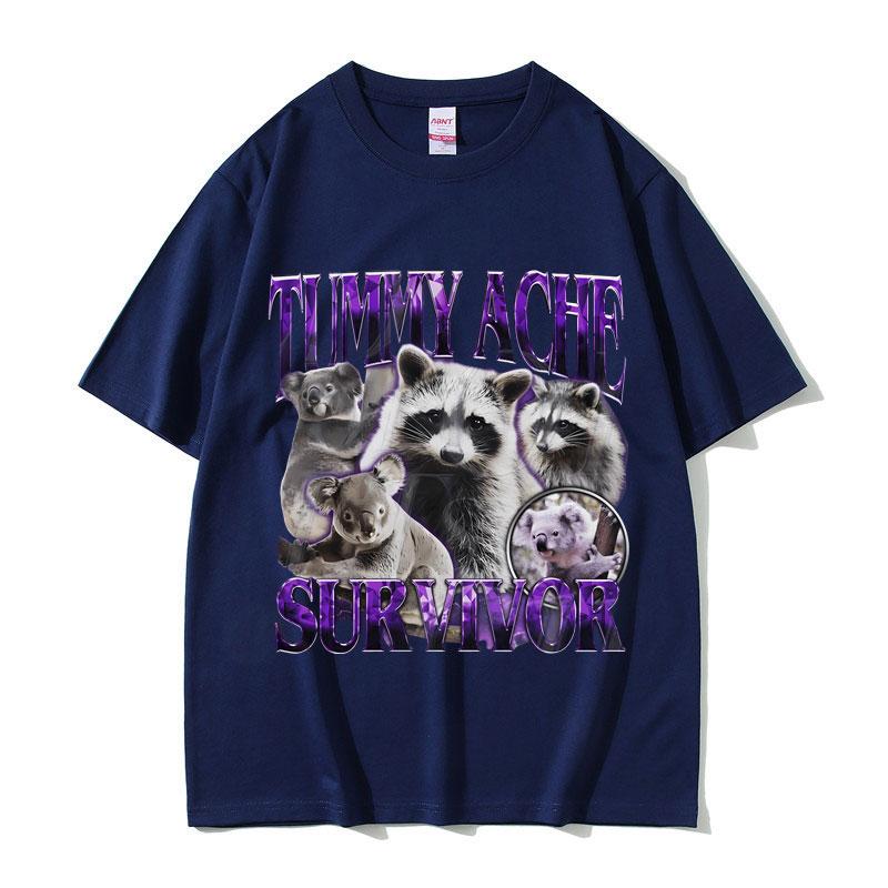 Tummy Ache Survivor Vintage Raccoon Funny Meme Tshirt Unisex Women Casual Cotton Oversized Streetwear Unisex Vintage Short Sleeve