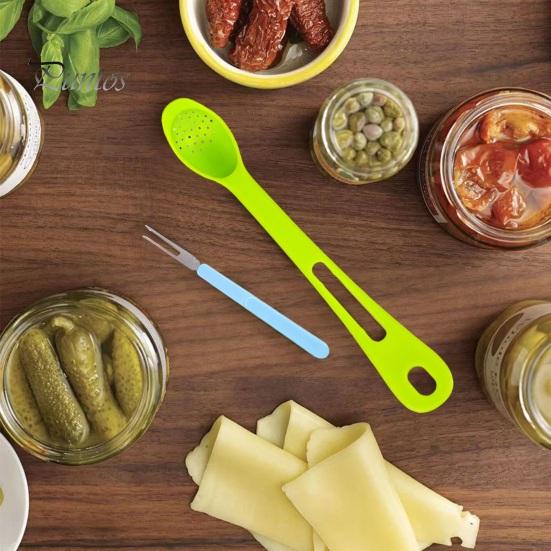 Colander And Fork Combo Olive Spoon Set, Hands-Free Long Handle Jar Clamps, Multi-Functional Pickle Utensils Grabber Tool, for Olives Can Onion