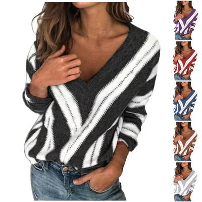 Women's Fashion V Neck Long Sleeve Striped Knitted Sweater  Casual Pullover Top