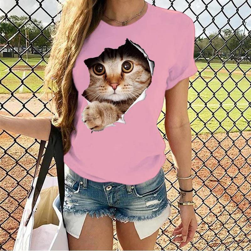 Fashion Funny Cat Printed T-shirts Women Summer Casual Short Sleeved T-shirts Round Neck Tops