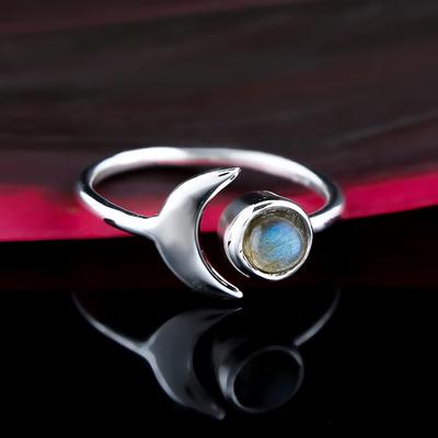 Natural Labradorite Gemstone Ring, Solid 925 Sterling Silver Ring, Crescent Moon Ring, Handmade Ring, Stacking Ring, Gift For Her