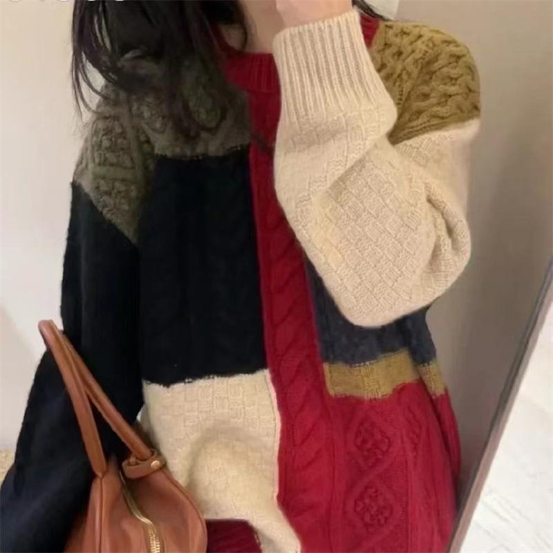 Women's Wool Sweater: Color Block, Korean Style, Round Neck, Long Sleeve Knitwear for Autumn/Winter