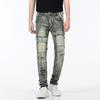 New Retro Nostalgic Straight Tube Trendy High-End Splicing Motorcycle Pocket With Frayed Elastic Jeans Pants For Men