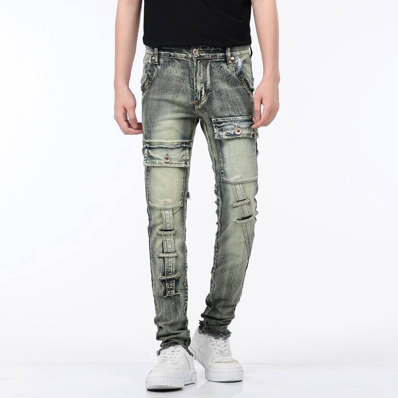 New Retro Nostalgic Straight Tube Trendy High-End Splicing Motorcycle Pocket With Frayed Elastic Jeans Pants For Men