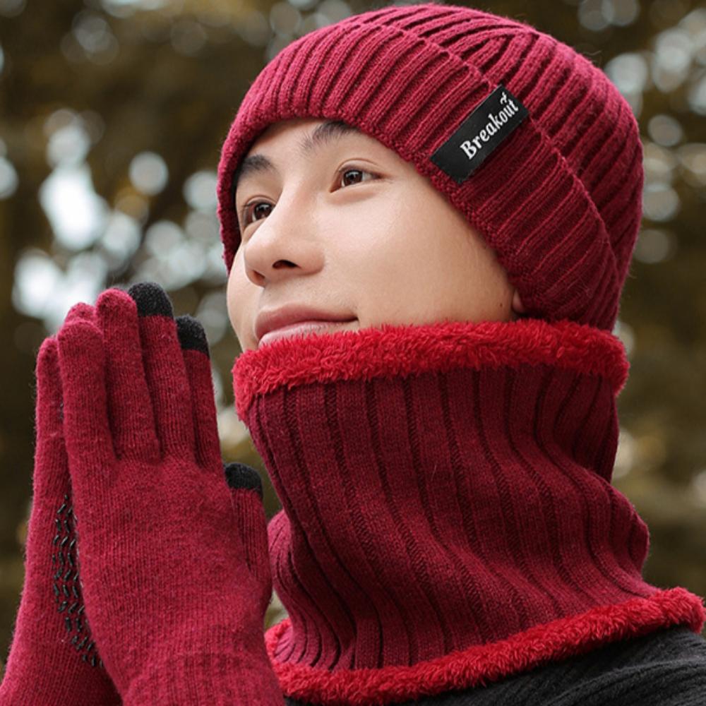 

Шапка мужская зимняя толстая шерстяная вязаная шапка комплект перчатки для сенсорного экрана теплая шапка комплект из трех предметов M（56-58cm） бордовый