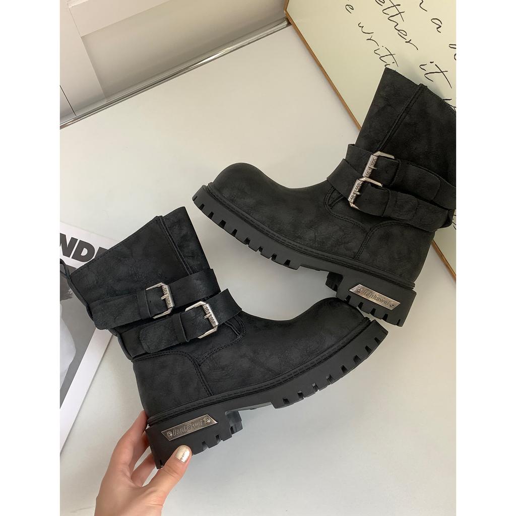 European Goods 2025 Autumn New Thick-soled Heightening Locomotive Martin Boots Women's Leather Retro Mid-tube Western Knight Boots