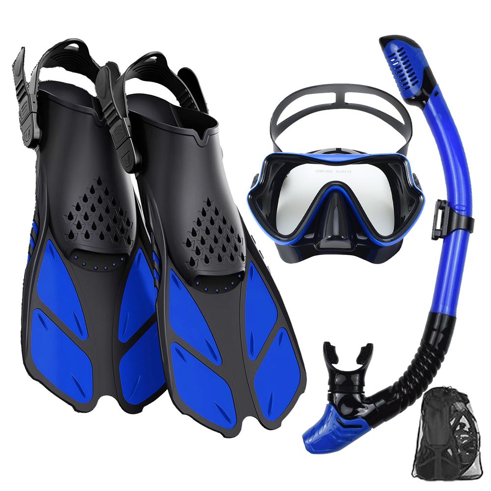 Masker Vinnen Snorkel Set, Snorkeluitrusting voor Volwassenen, Panoramisch Zicht Anti-Mist Snorkelmasker, Verstelbare Duikvinnen, Dry Top Snorkel