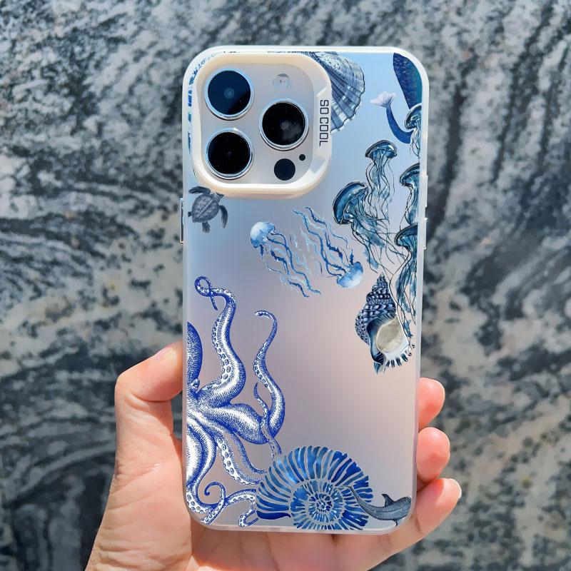 Cool Ocean Turtle Pattern Phone Case For iPhone 15 14 Pro Max 11 12 13 Pro Max Mini 15 Plus Sea Blue Turtle Design Laser Covers