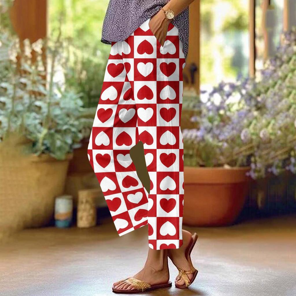 Damenhose aus Baumwollleinen, bedruckt, Sommerhose mit weitem Bein, lässig, locker, Kordelzug, hohe Taille, Palazzo-Hose mit Taschen