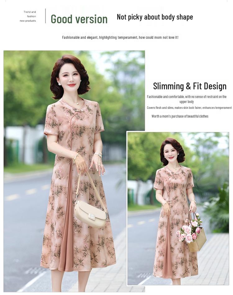 2025 Elegant Printed Short-Sleeved Qipao Dress for Middle-Aged and Elderly Women - Summer Wear