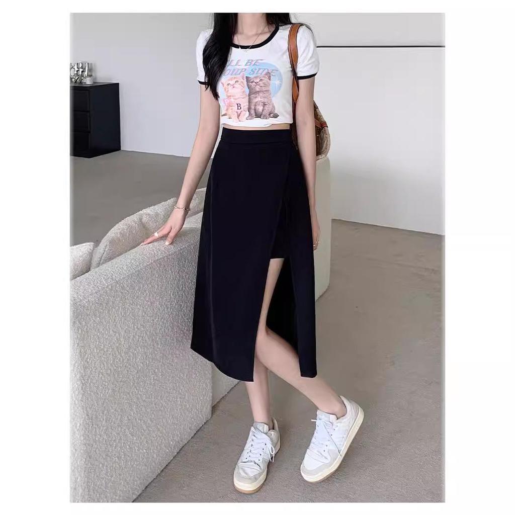 Women's Black High Waist A-Line Midi Skirt - Summer Slimming Polyester with Side Slit